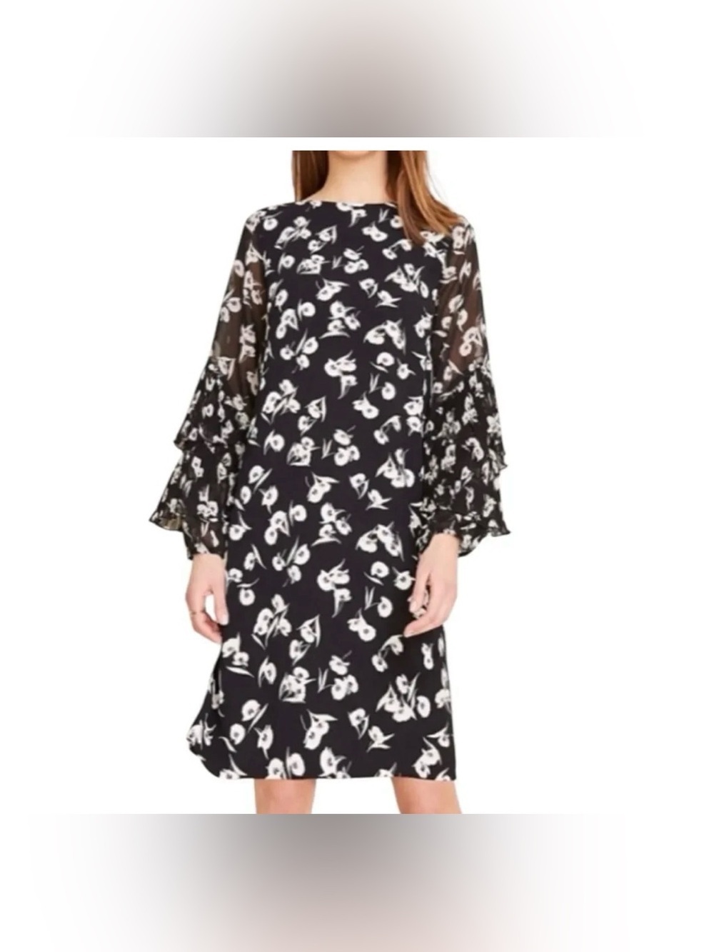 Ann Taylor Black and White Floral Tiered Bell Sleeve Dress - 8 - NWT